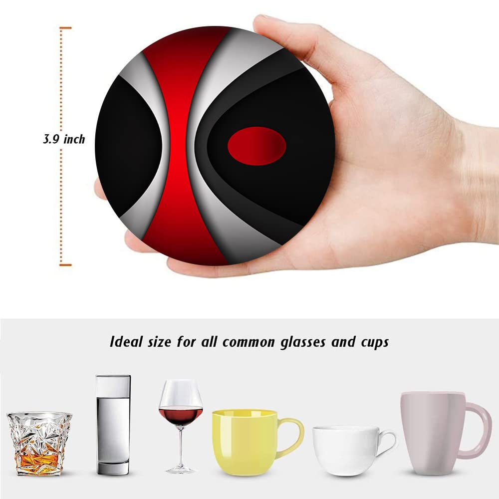 Set of 6 Red Black Geometric Absorbent Ceramic Coasters with Cork Base and Metal Holder Y154