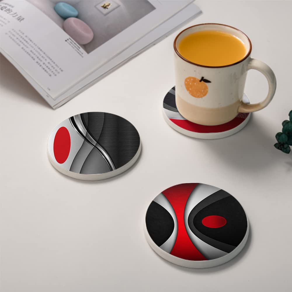 Set of 6 Red Black Geometric Absorbent Ceramic Coasters with Cork Base and Metal Holder Y154