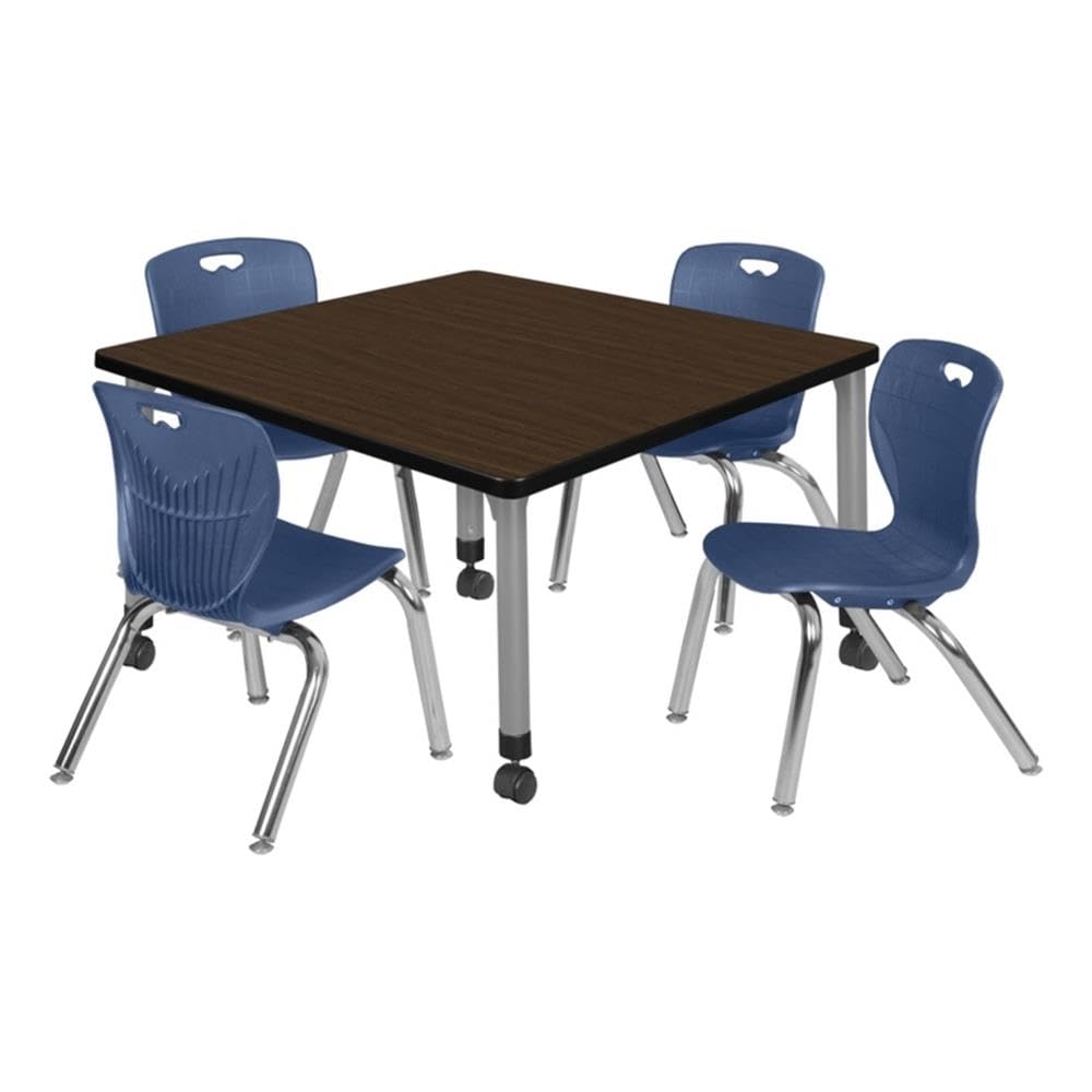 36" Square Mobile Table with 4 Navy Blue Stackable Chairs Z599069