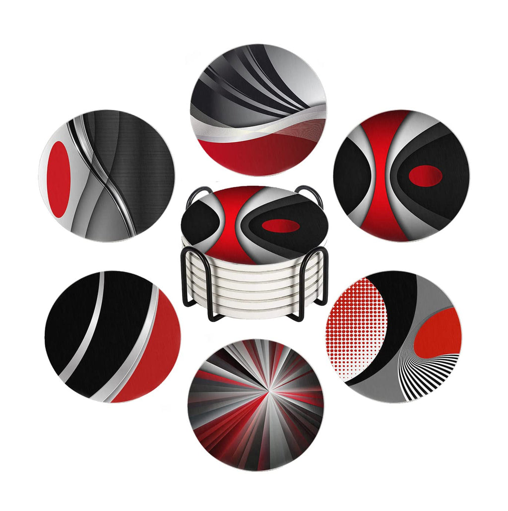 Set of 6 Red Black Geometric Absorbent Ceramic Coasters with Cork Base and Metal Holder Y154