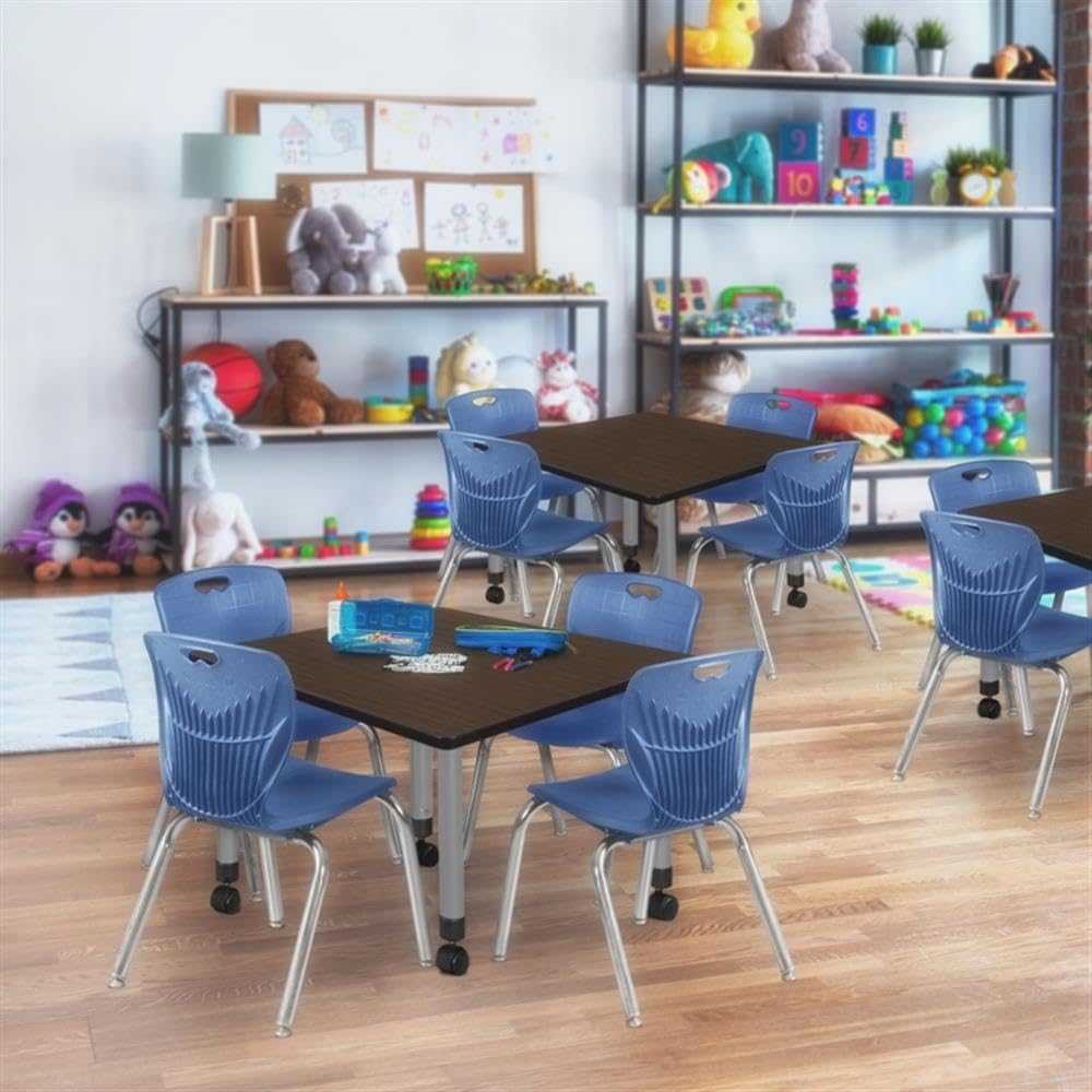 36" Square Mobile Table with 4 Navy Blue Stackable Chairs Z599069