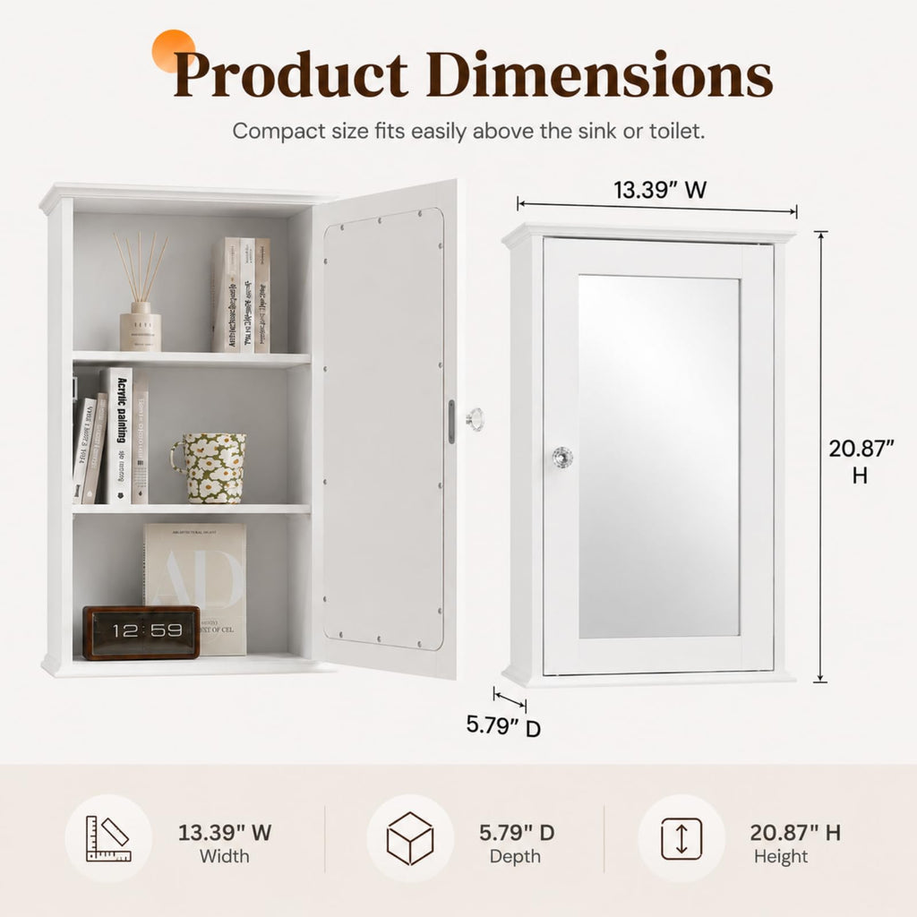 White Mirrored Medicine Cabinet with Single Door and 2 Adjustable Shelves F4578