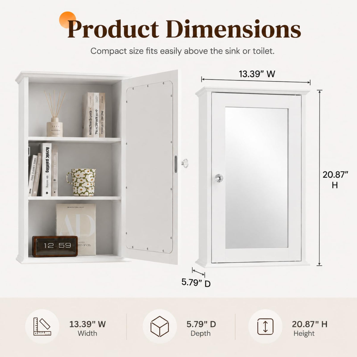 White Mirrored Medicine Cabinet with Single Door and 2 Adjustable Shelves F4578
