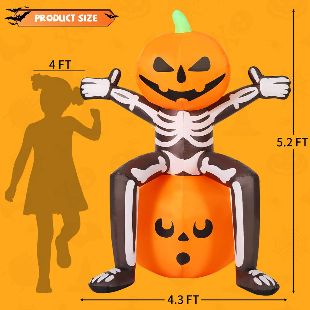 5FT Skull Skeleton Pumpkin Head Inflatable with Built-in LEDs J4812