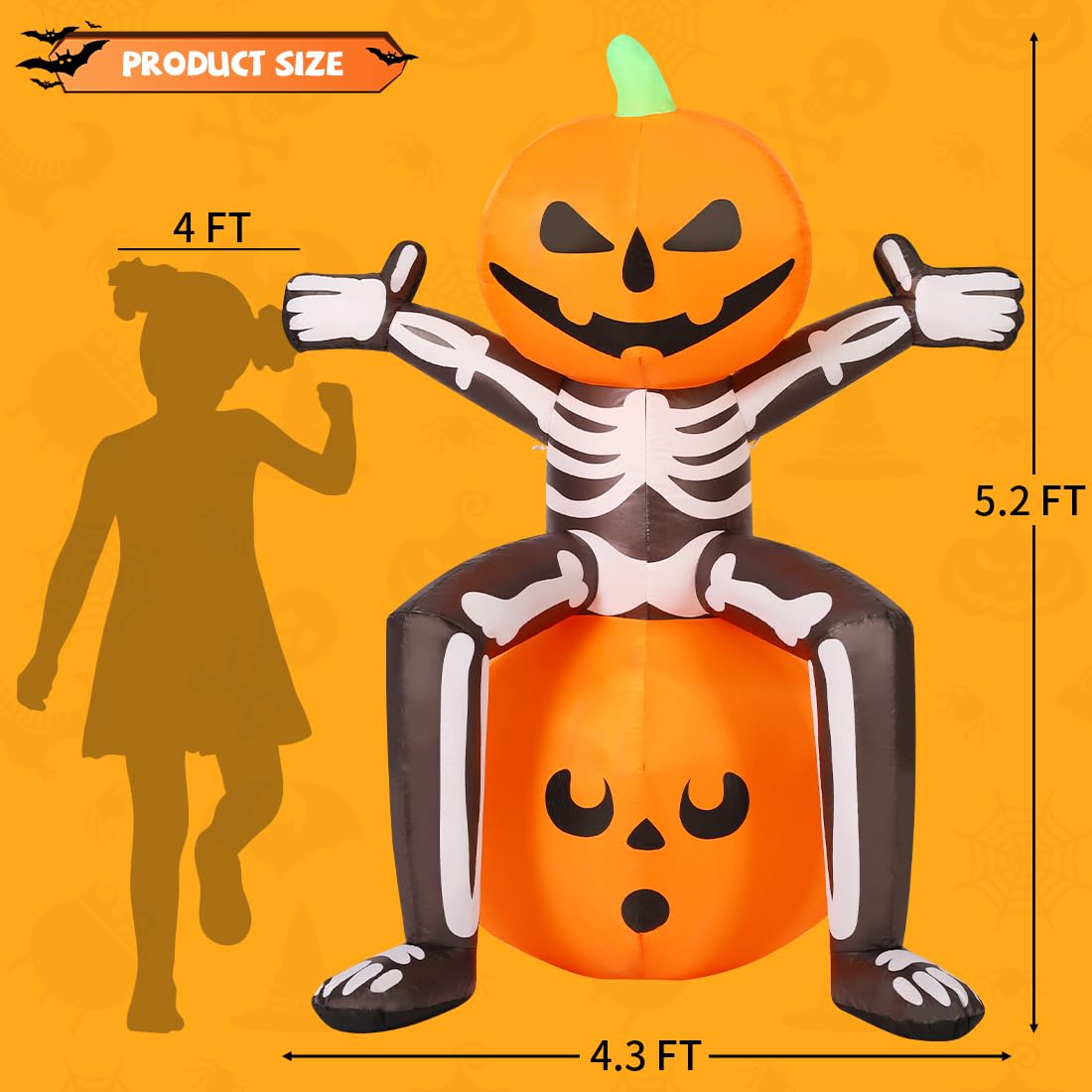 5FT Skull Skeleton Pumpkin Head Inflatable with Built-in LEDs J4812