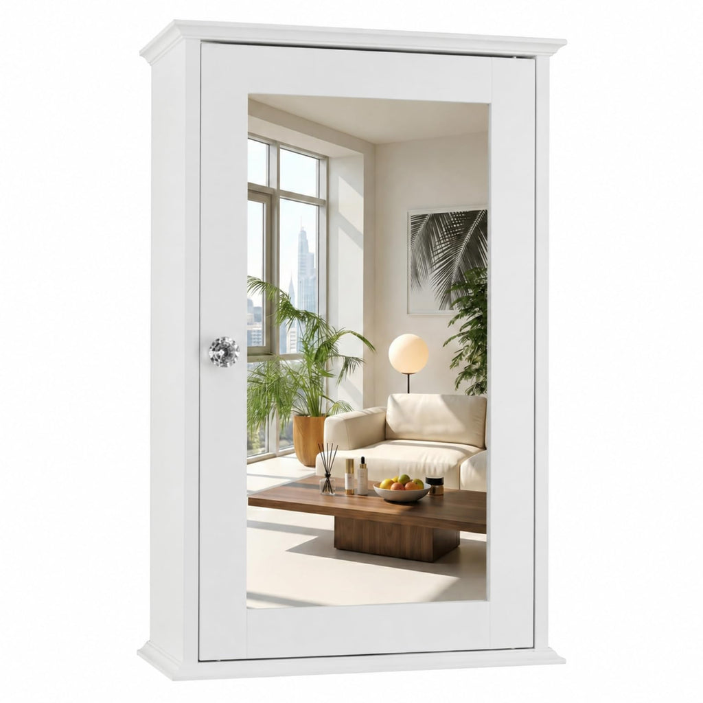 White Mirrored Medicine Cabinet with Single Door and 2 Adjustable Shelves F4578