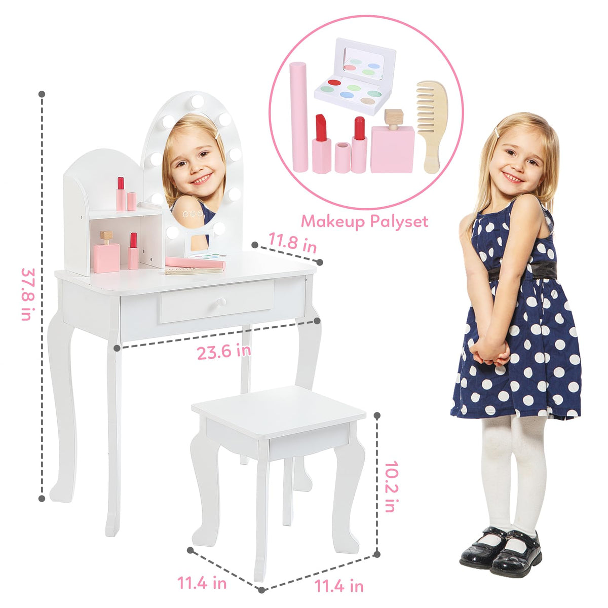 White Kids Vanity Table with LED Mirror & Stool Q838