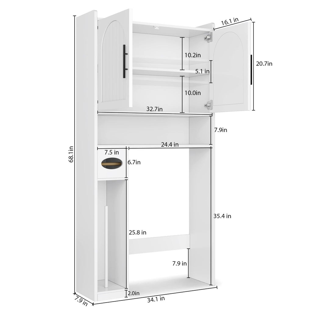 34" Over the Toilet Storage Cabinet with Arched Doors, White O536