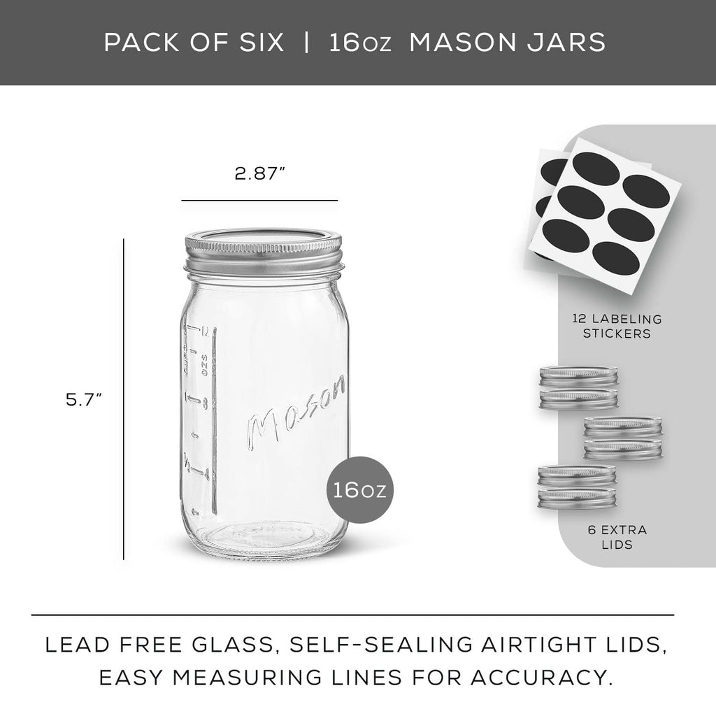 16 Oz 6-Pack Regular Mouth Glass Mason Jars with Lids S28667