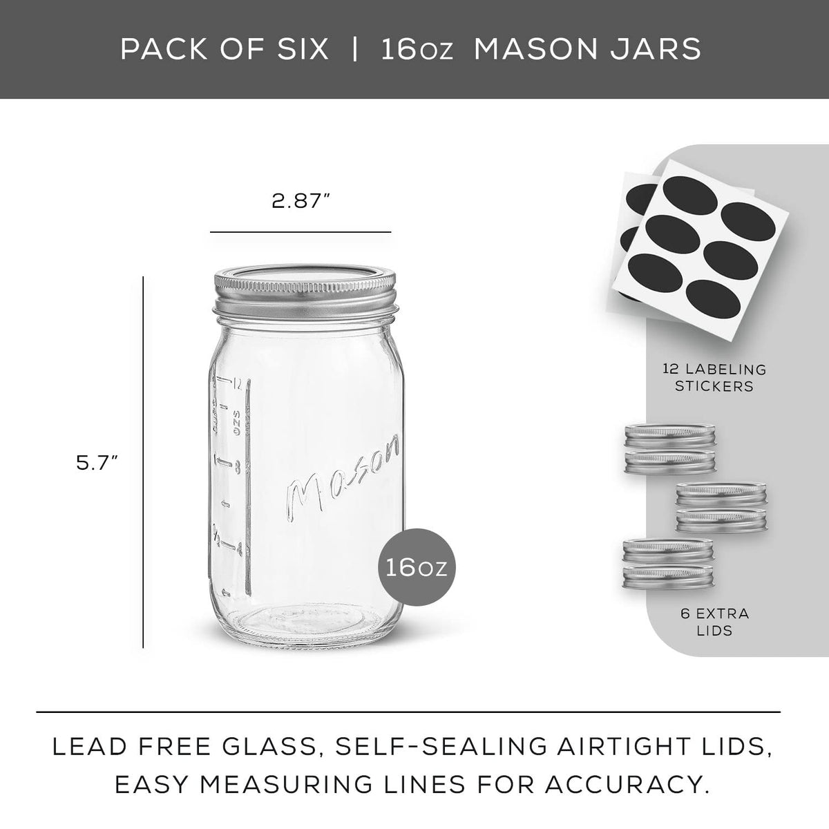 16 Oz 6-Pack Regular Mouth Glass Mason Jars with Lids S28667