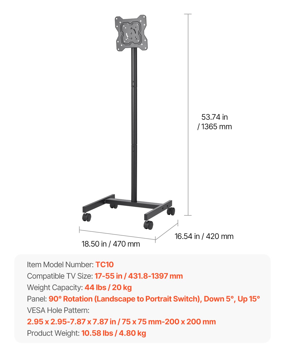 Rolling TV Stand for 17-55 Inch Screens with Wheels E65669