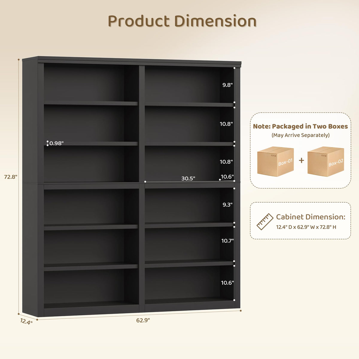 73" Tall Black 6-Tier Double Wide Bookshelf H19836
