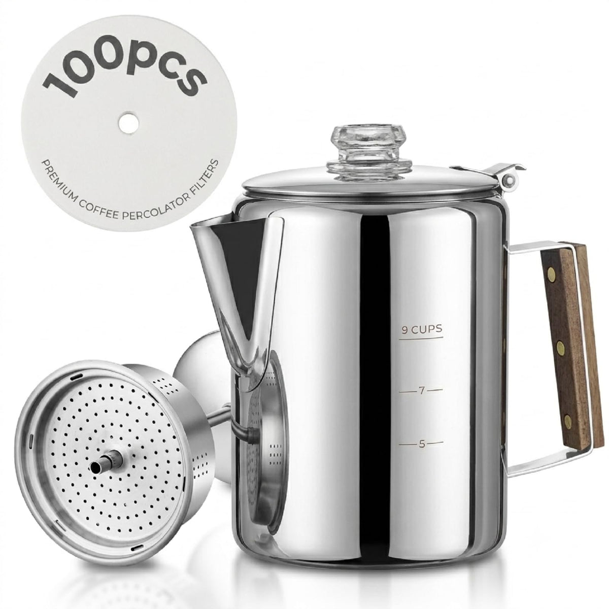 9 Cups Stainless Steel Coffee Percolator with 100pcs Coffee Filters D72194
