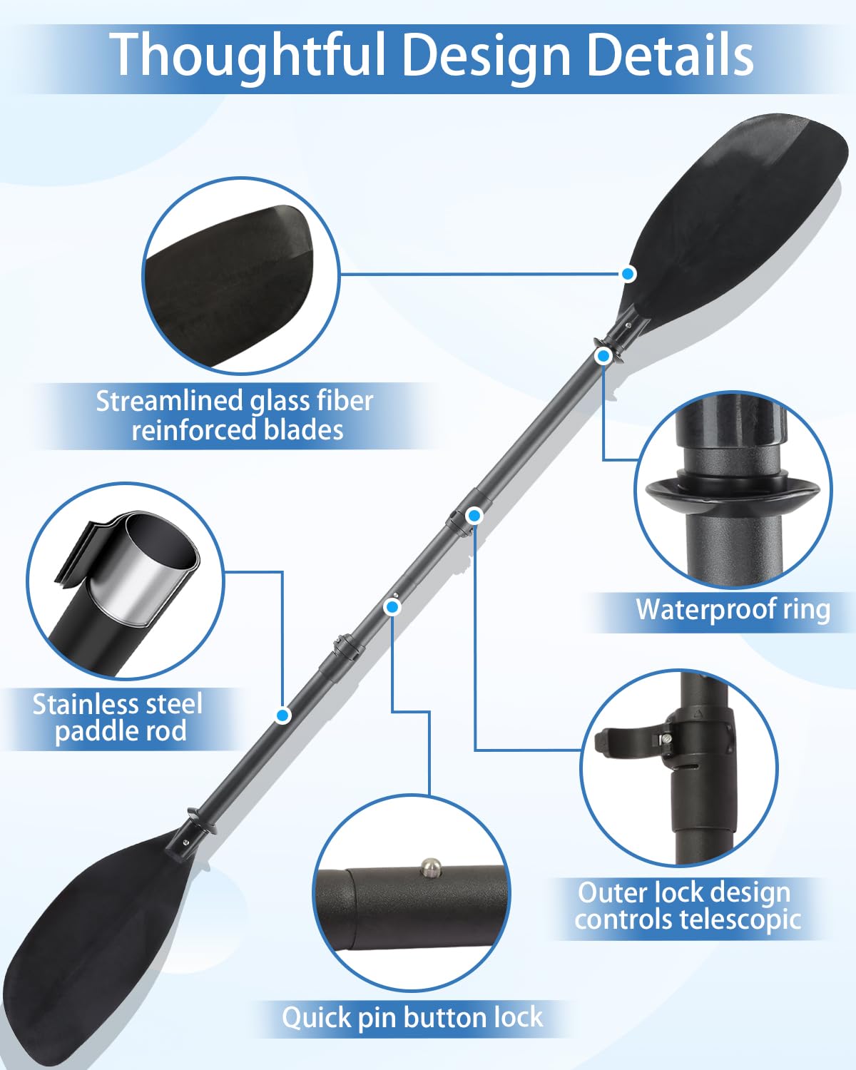 Adjustable Telescopic Kayak Paddle Stainless Steel Shaft Fiberglass Blades Y5585