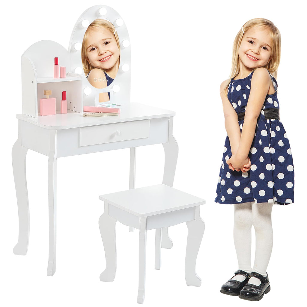 White Kids Vanity Table with LED Mirror & Stool Q838
