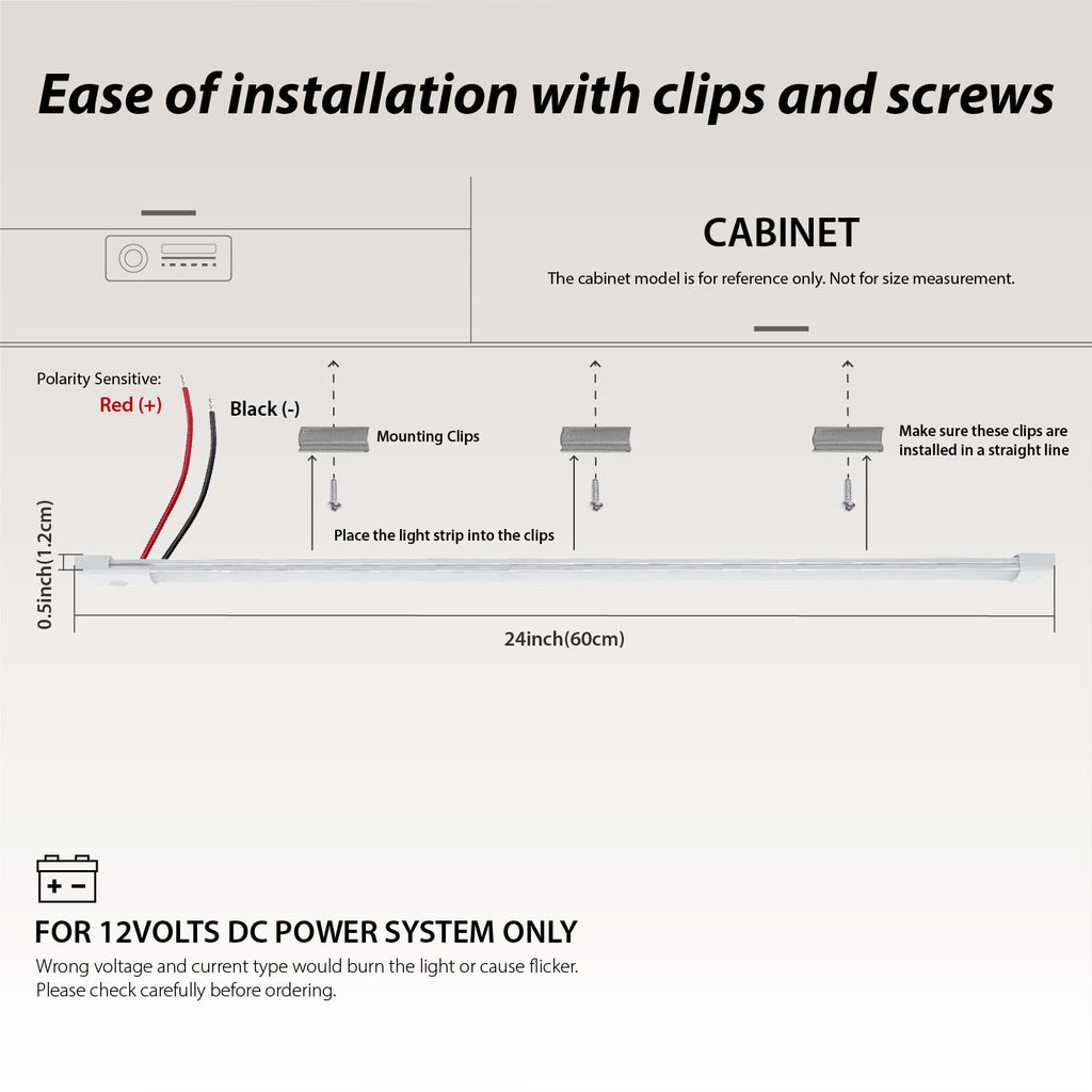 12volt DC LED Under Cabinet Strip Light, Warm White, with Switch, 23.6 inch W944
