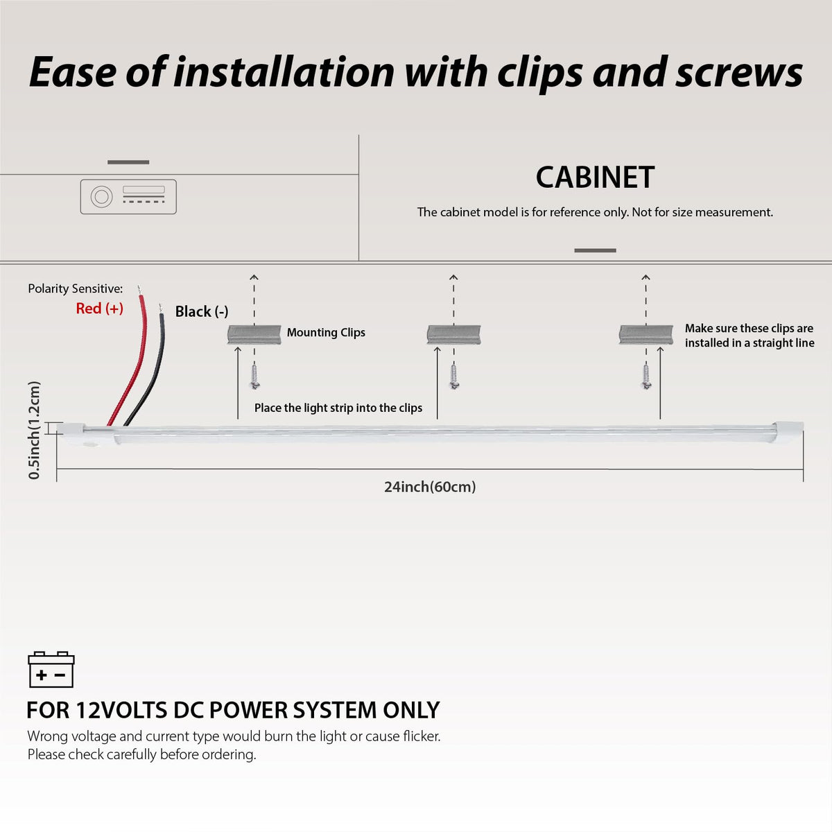 12volt DC LED Under Cabinet Strip Light, Warm White, with Switch, 23.6 inch W944
