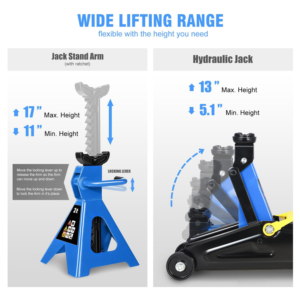 Low Profile Hydraulic Trolley Floor Jack with 2 Ratchet Jack Stands, 2 Ton Capacity, Blue D75166