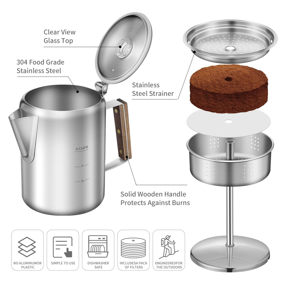 9 Cups Stainless Steel Coffee Percolator with 100pcs Coffee Filters D72194