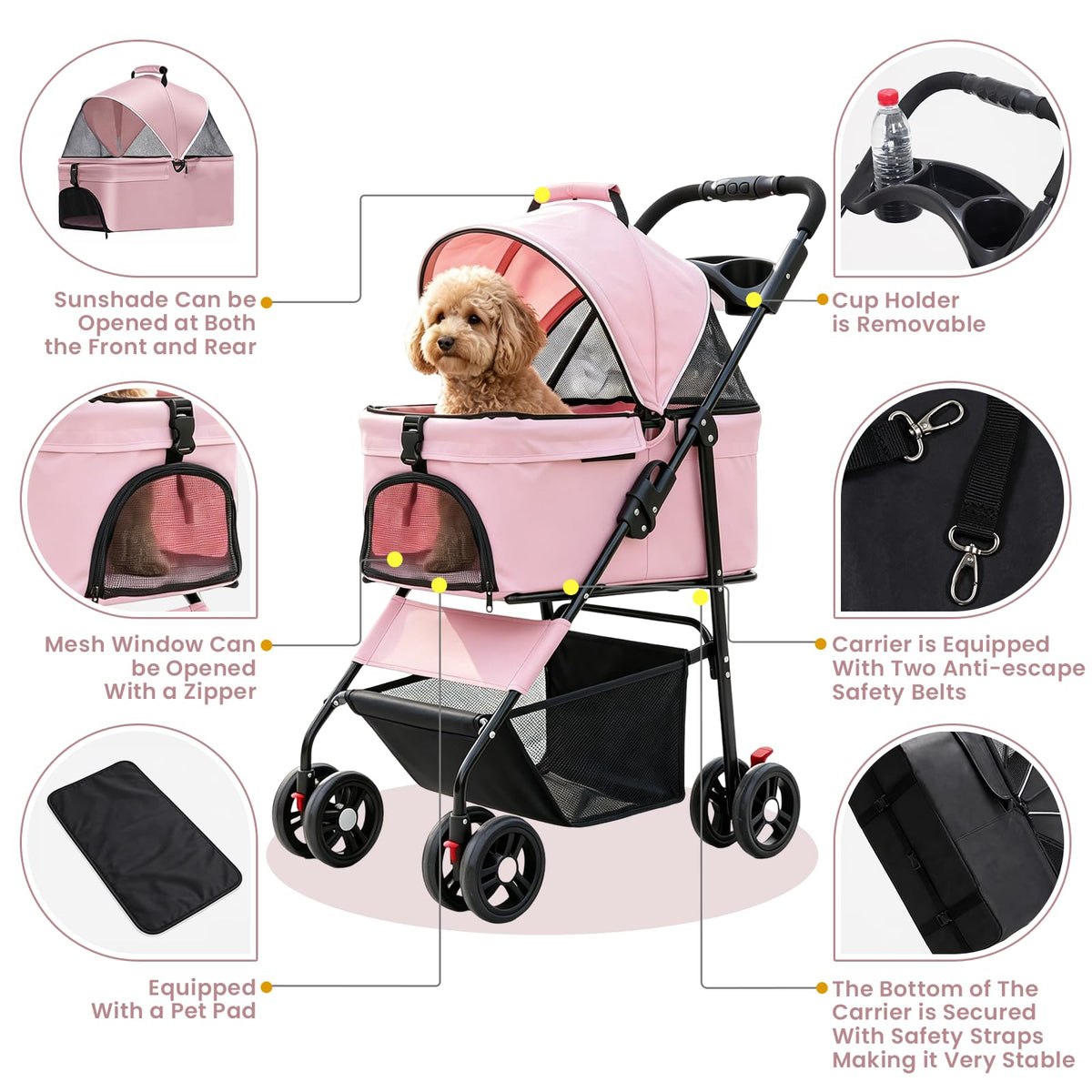 Pink Pet Stroller with Detachable Carrier L69209