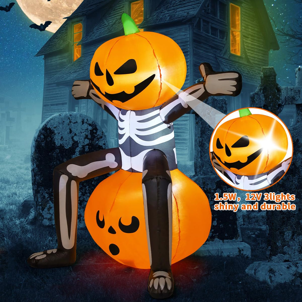 5FT Skull Skeleton Pumpkin Head Inflatable with Built-in LEDs J4812