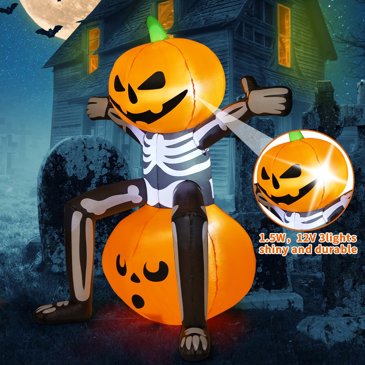 5FT Skull Skeleton Pumpkin Head Inflatable with Built-in LEDs J4812