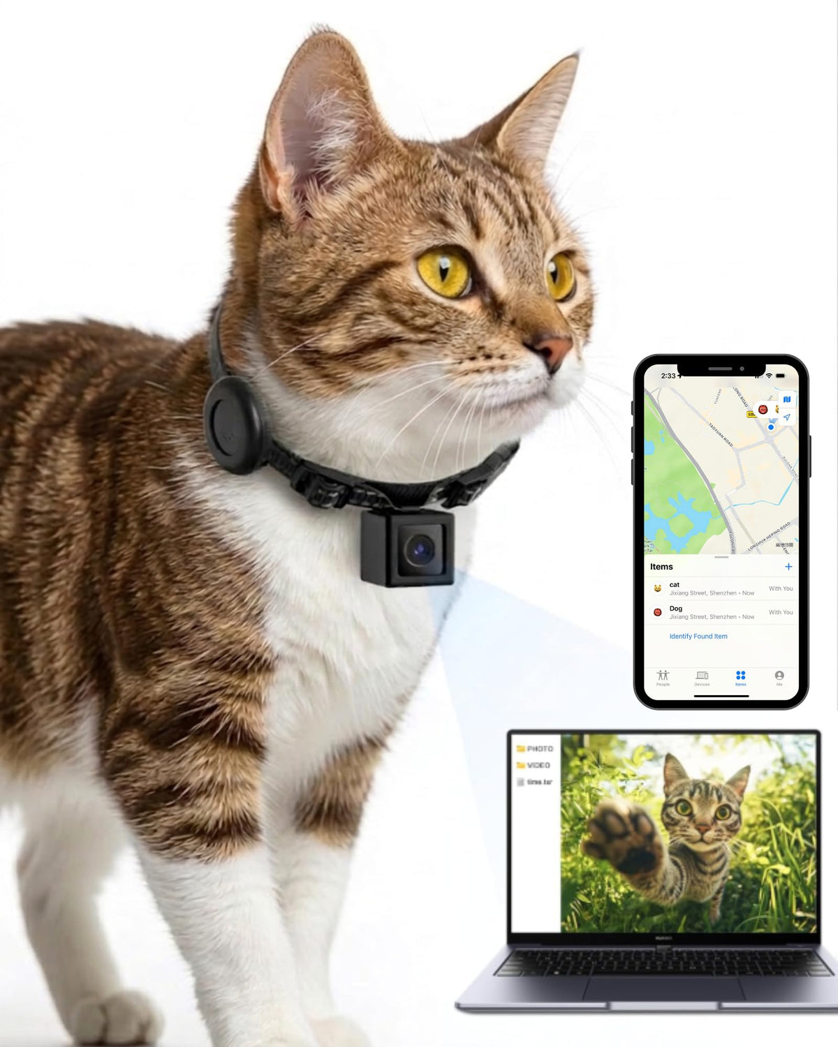 Cat Camera Collar with Tracker Tag, 1080P HD Pet POV Action Cam, Lightweight 0.7oz, Night Vision J238