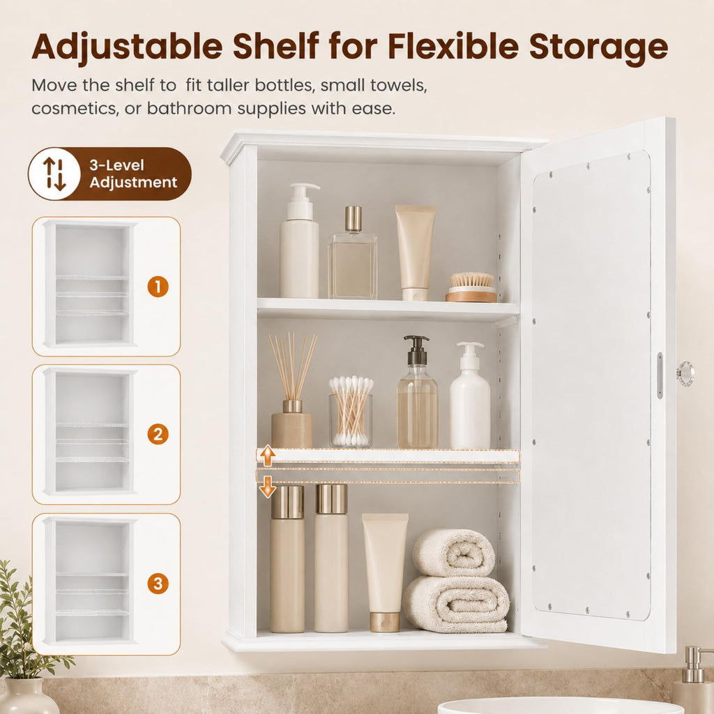 White Mirrored Medicine Cabinet with Single Door and 2 Adjustable Shelves F4578