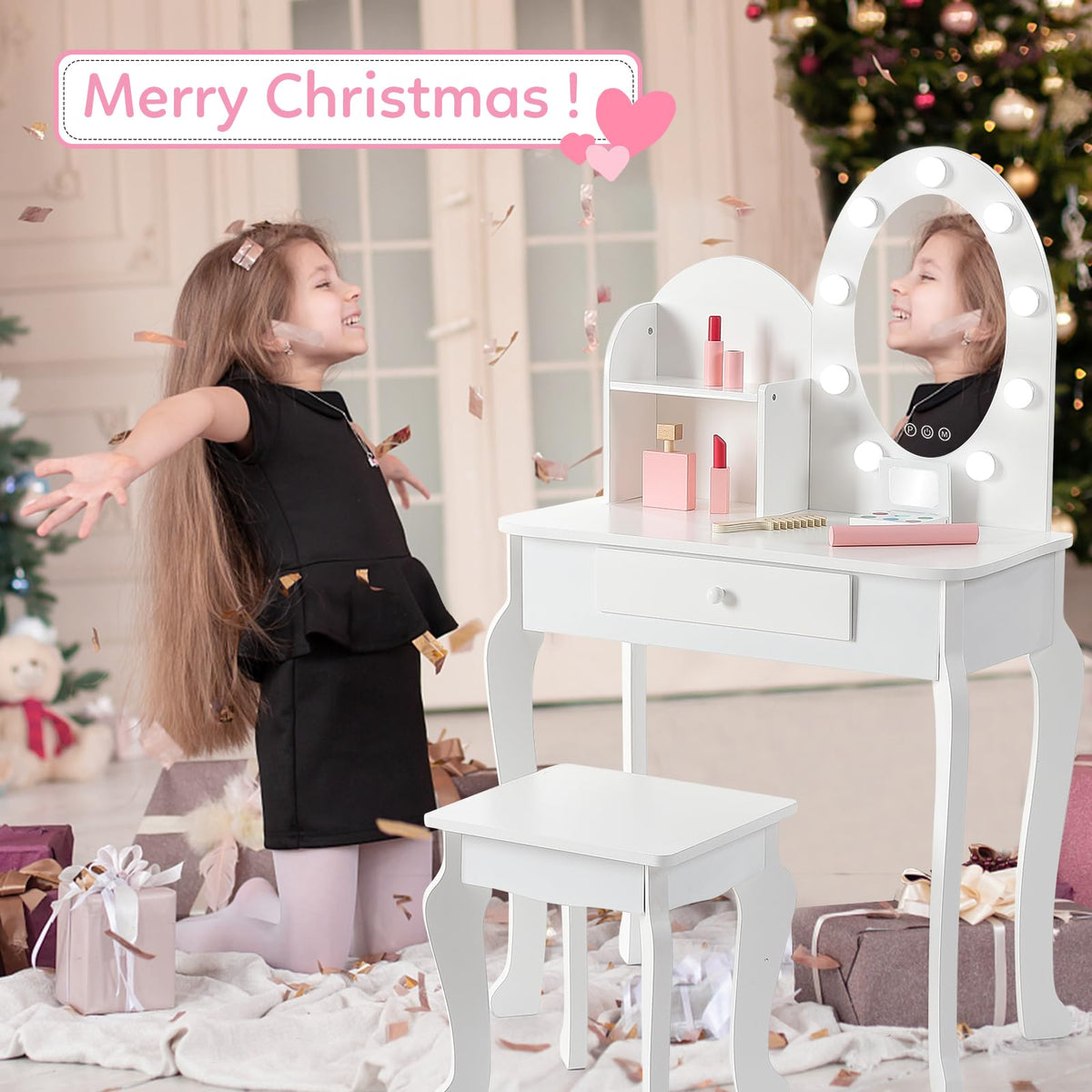 White Kids Vanity Table with LED Mirror & Stool Q838
