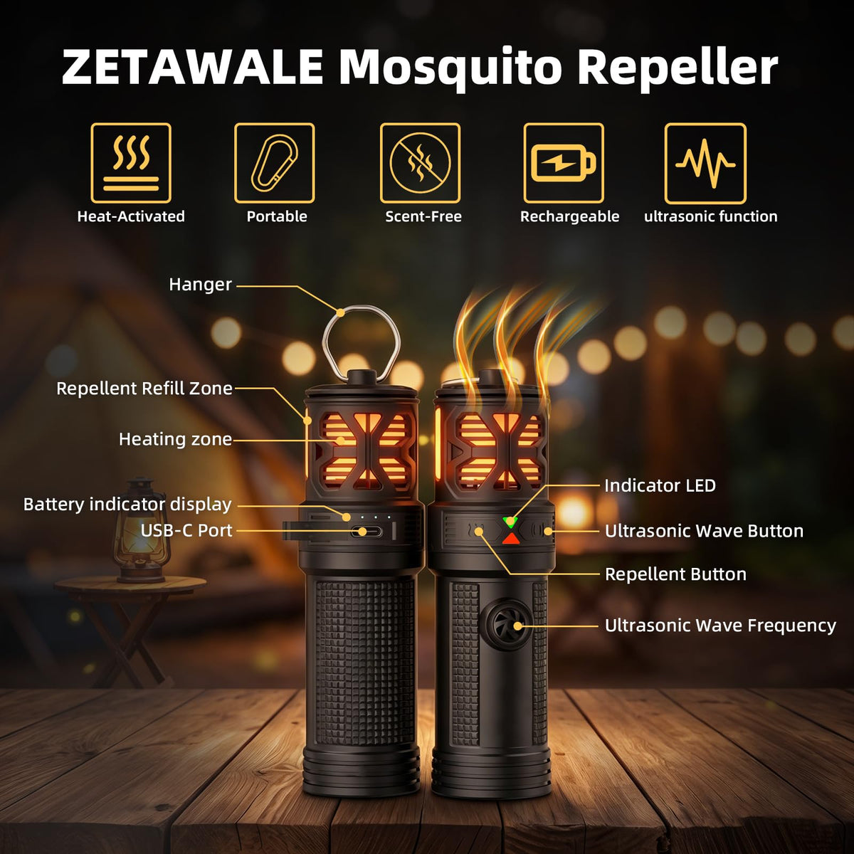 Portable Ultrasonic Mosquito Repeller with Carabiner Hook (6 Refills) L3119