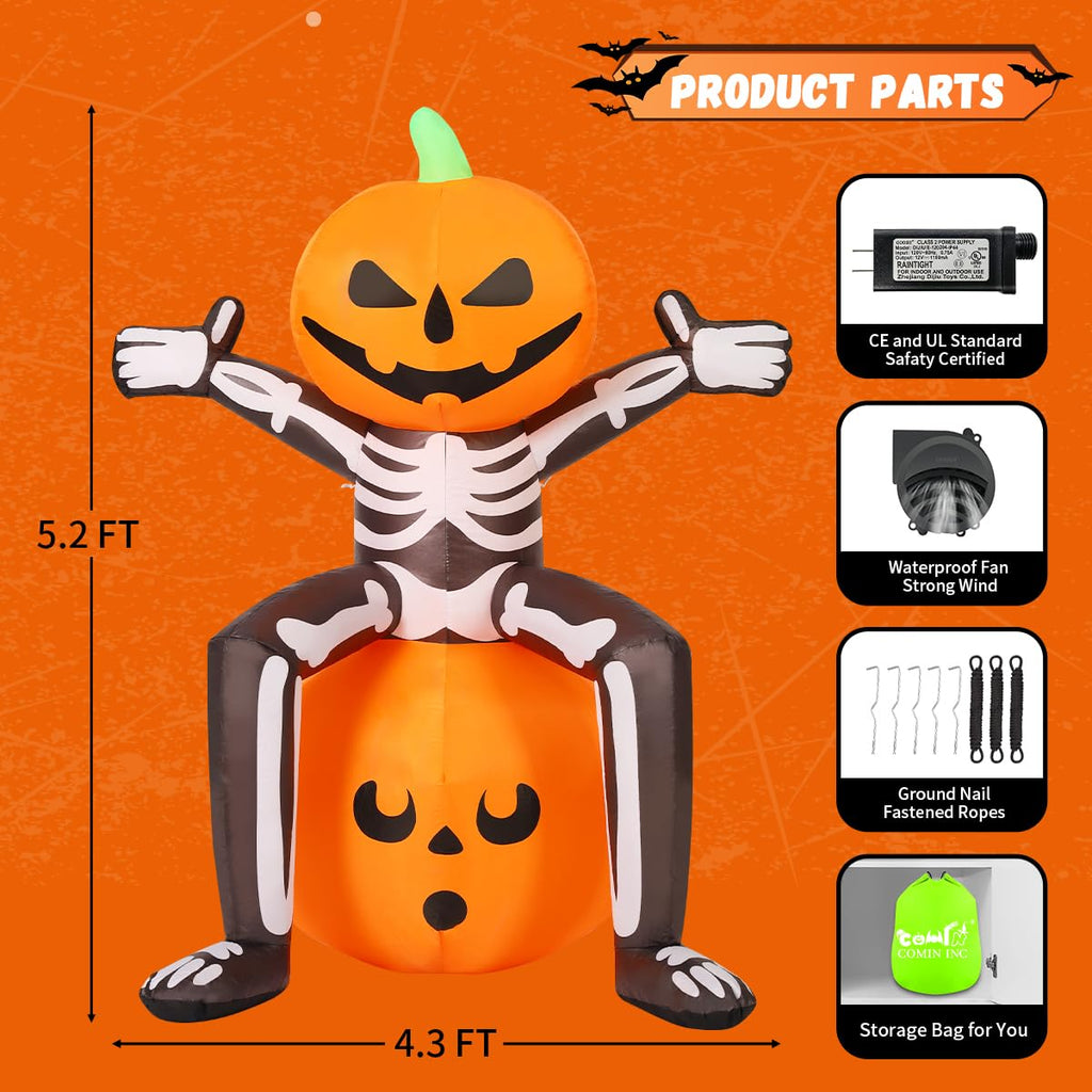 5FT Skull Skeleton Pumpkin Head Inflatable with Built-in LEDs J4812