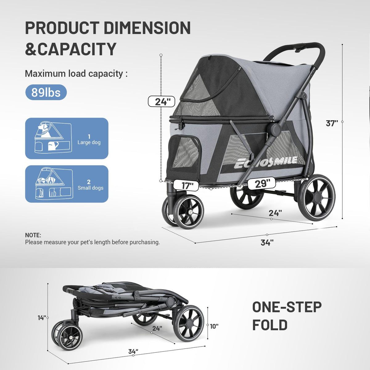 Foldable 3 Wheels Gray Dog Stroller N699