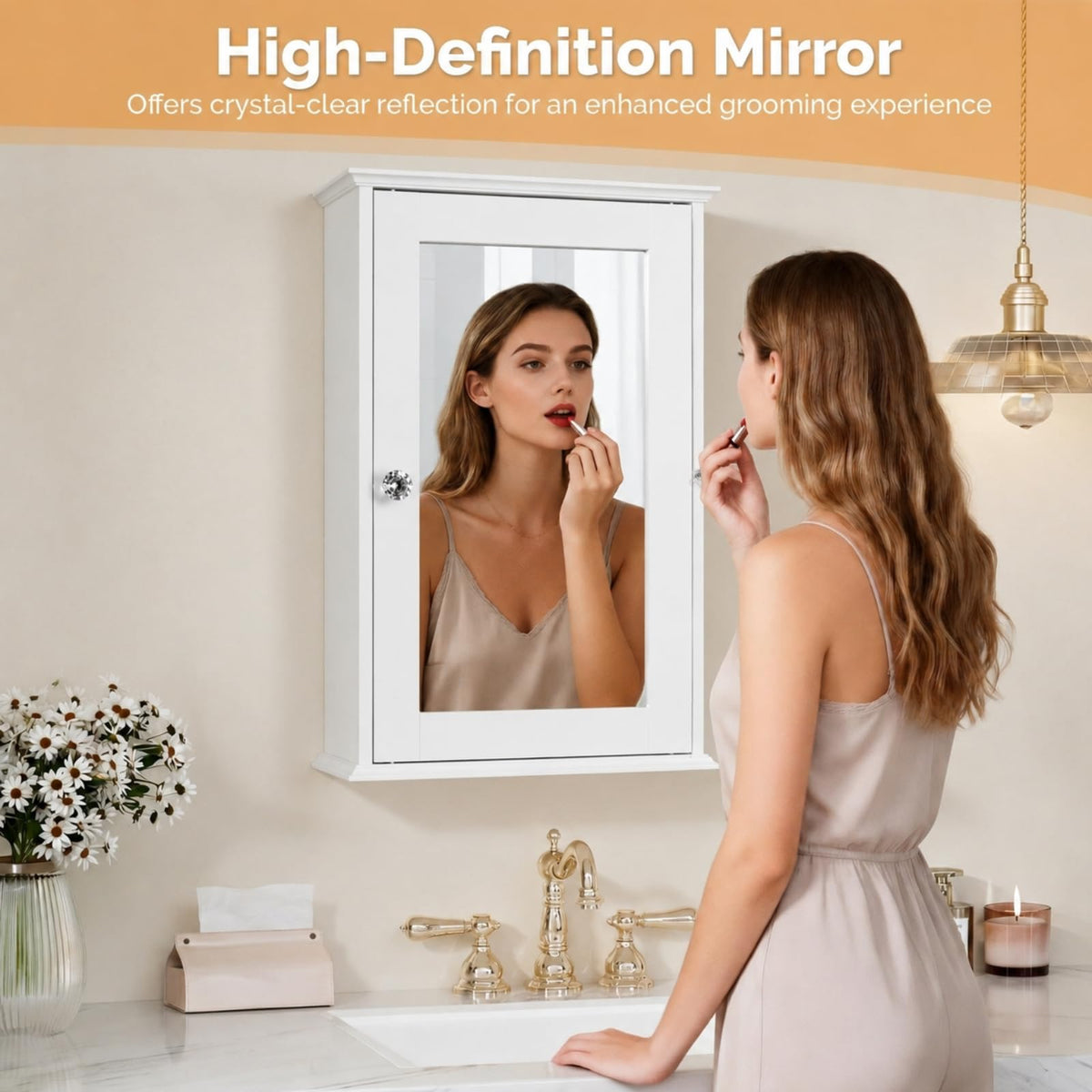 White Mirrored Medicine Cabinet with Single Door and 2 Adjustable Shelves F4578
