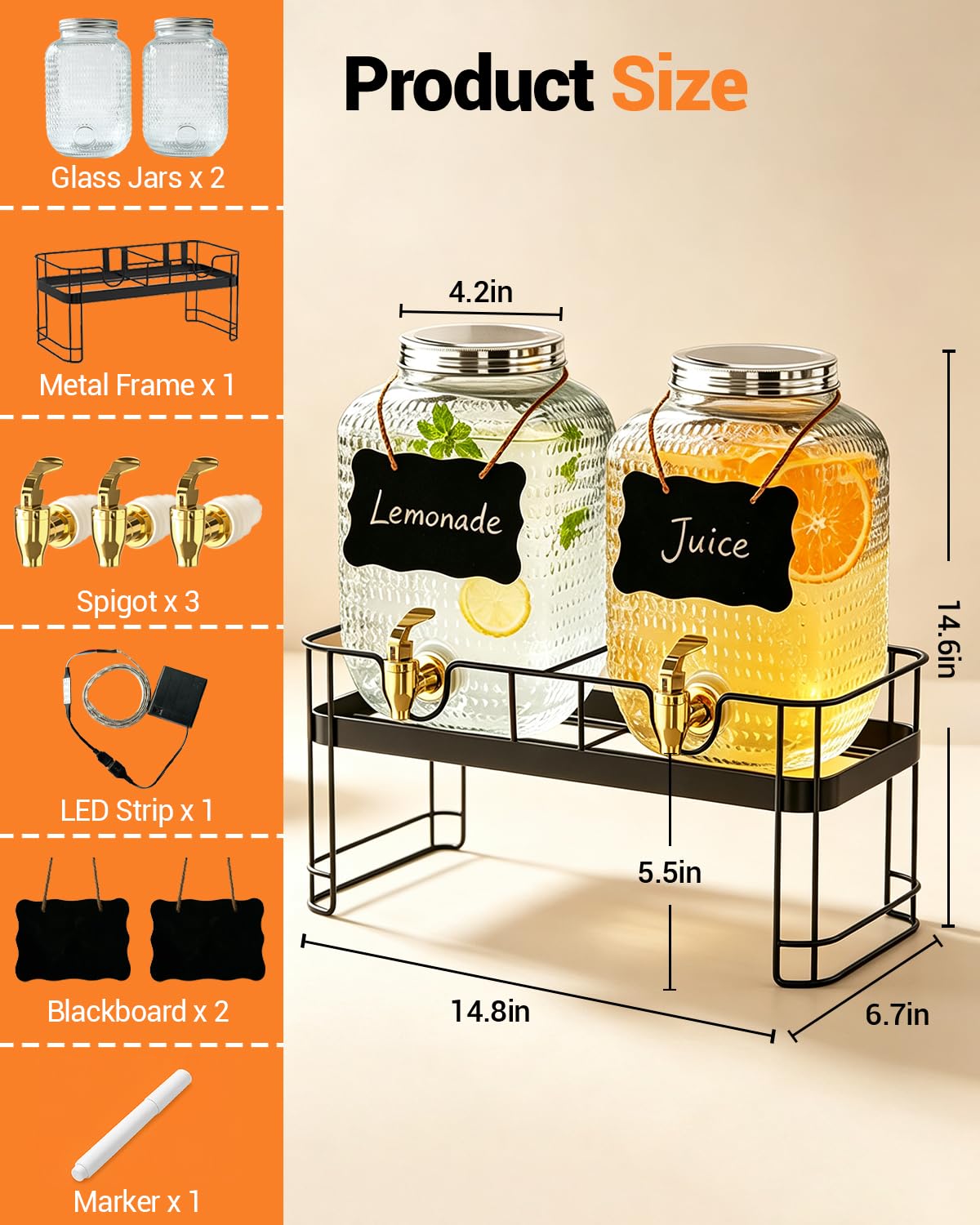 2 Pack 1 Gallon Glass Drink Dispensers with Stand F253