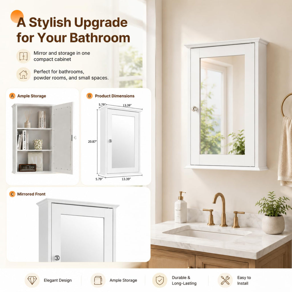 White Mirrored Medicine Cabinet with Single Door and 2 Adjustable Shelves F4578