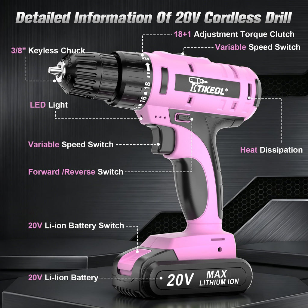 20V Cordless Pink Drill Set with Battery & Charger K514