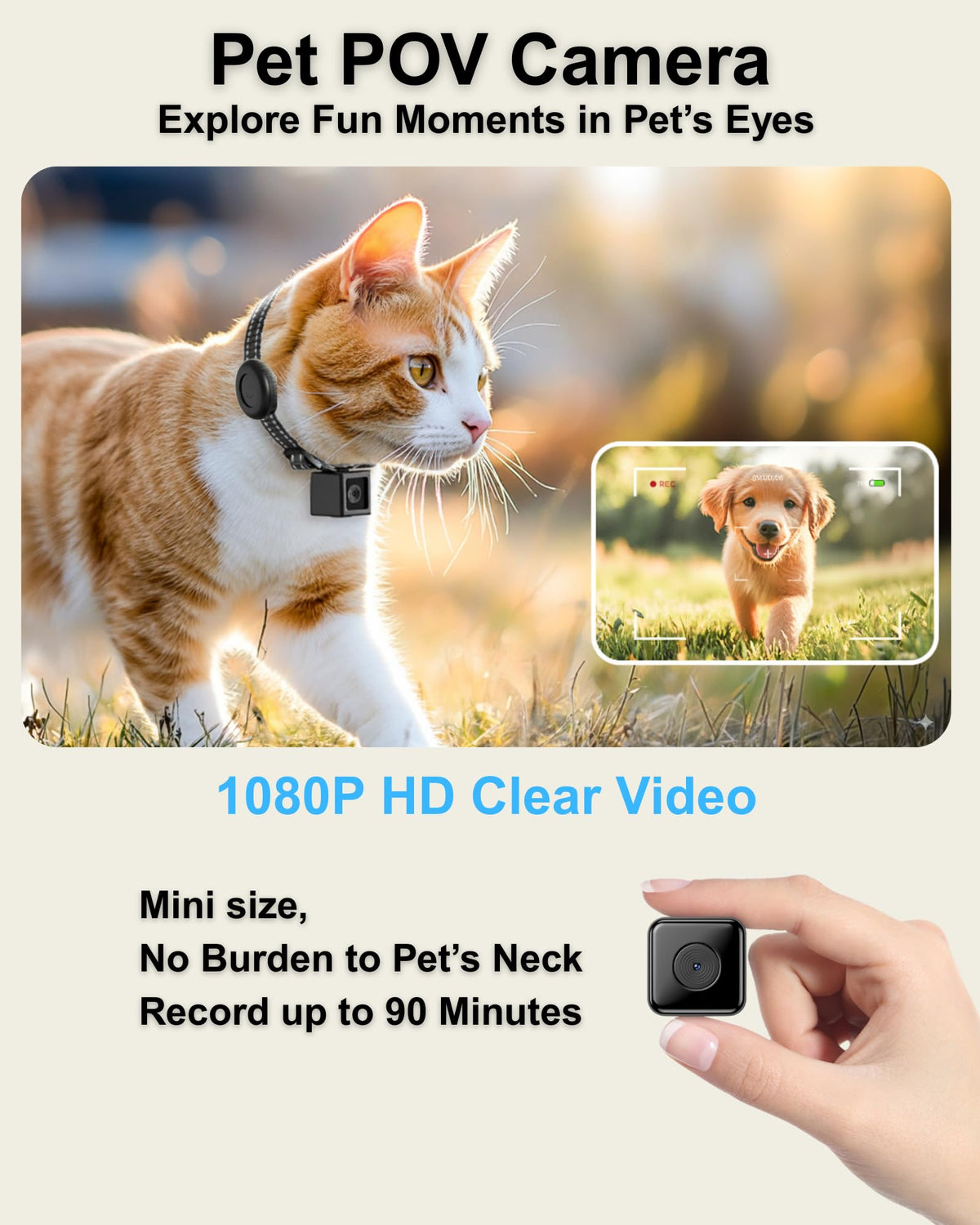 Cat Camera Collar with Tracker Tag, 1080P HD Pet POV Action Cam, Lightweight 0.7oz, Night Vision J238