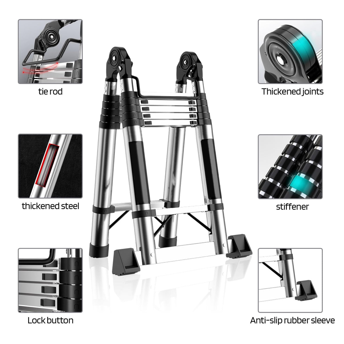 Telescoping Ladder with Locking Mechanism, Heavy Duty Aluminum 330 lbs J957505