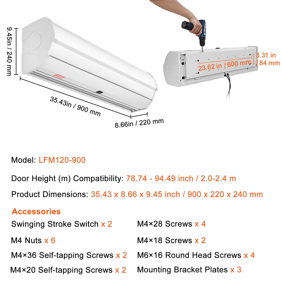 36" Wall Mounted Air Curtain 2 Speeds 900CFM C405952