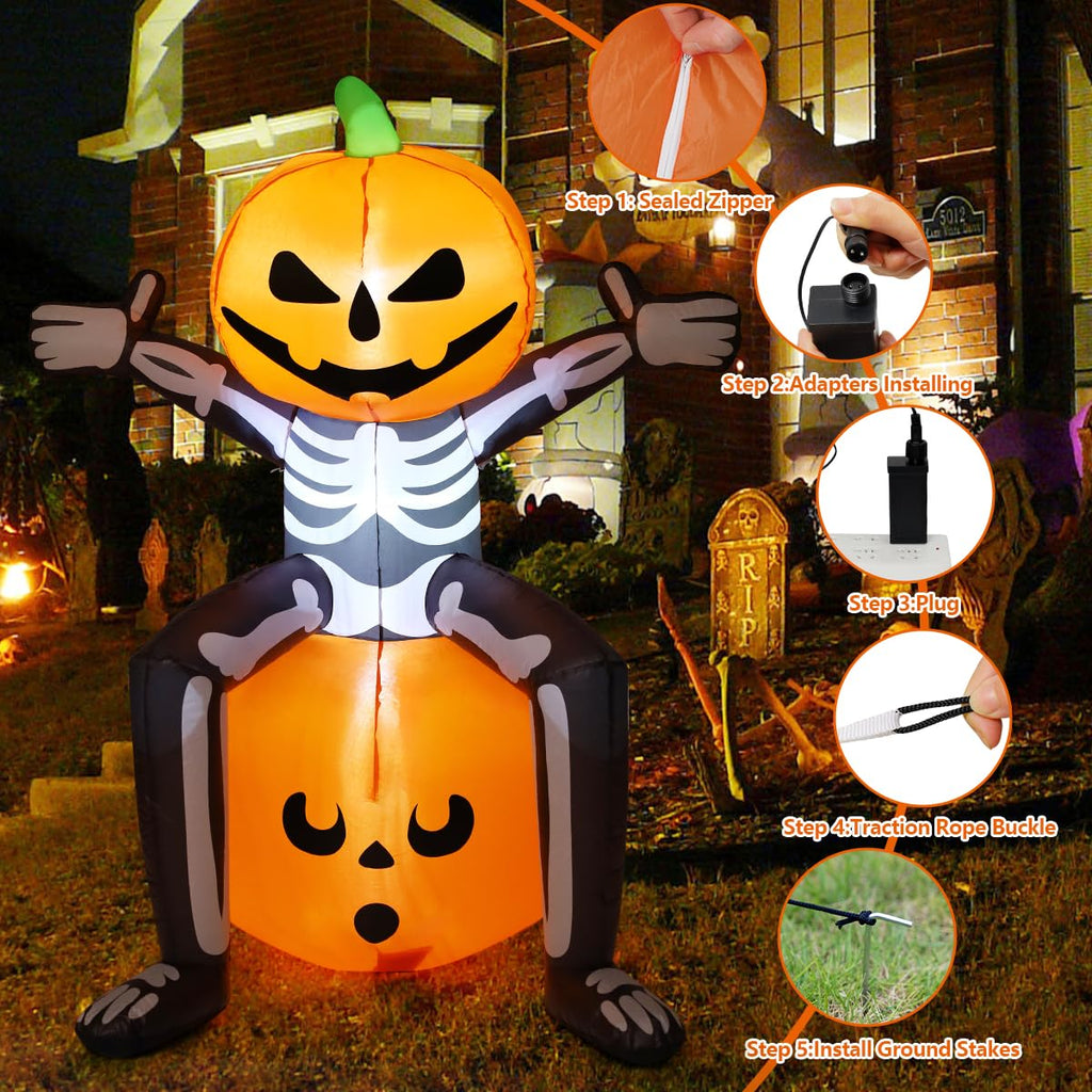 5FT Skull Skeleton Pumpkin Head Inflatable with Built-in LEDs J4812