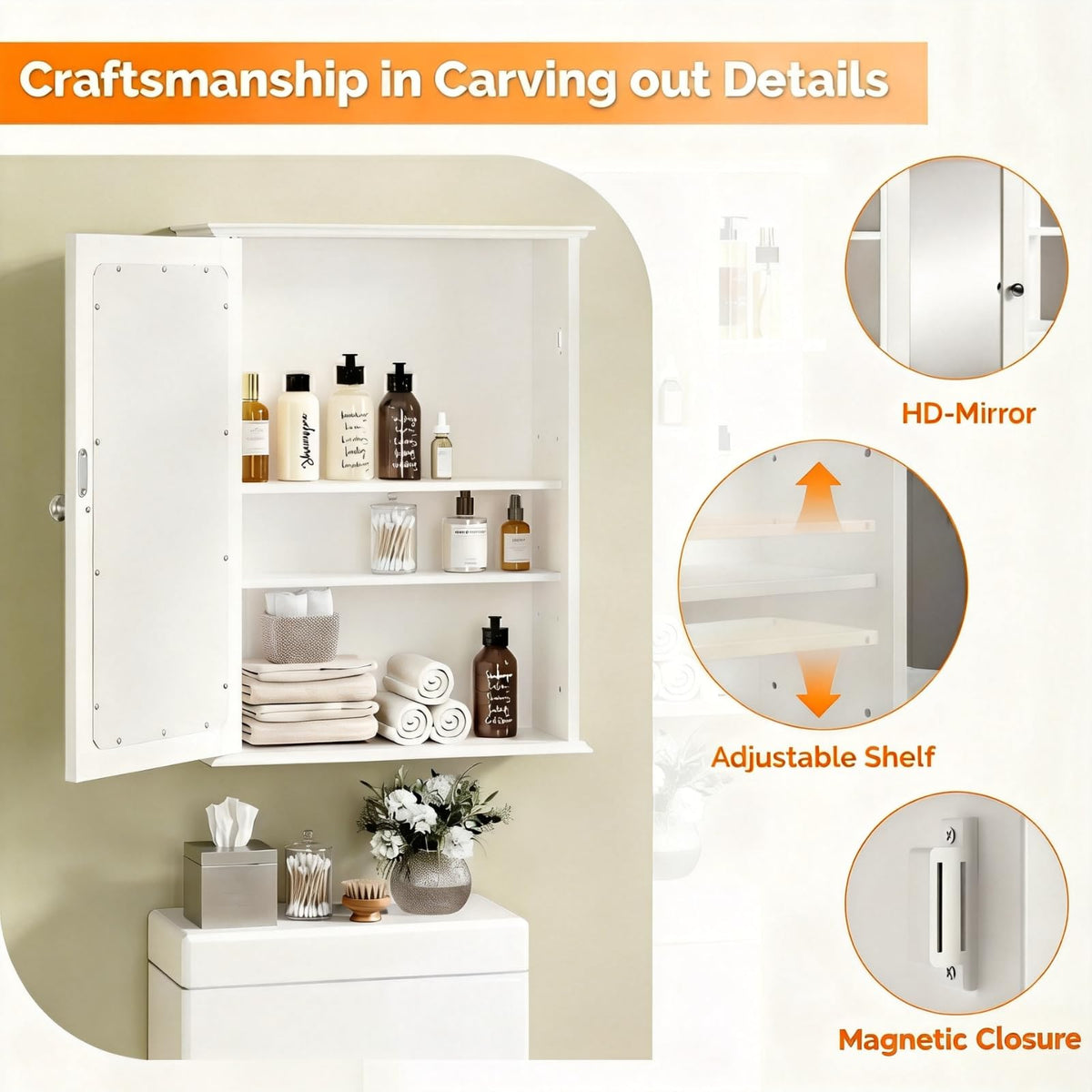 White Mirrored Medicine Cabinet with Single Door and 2 Adjustable Shelves F4578