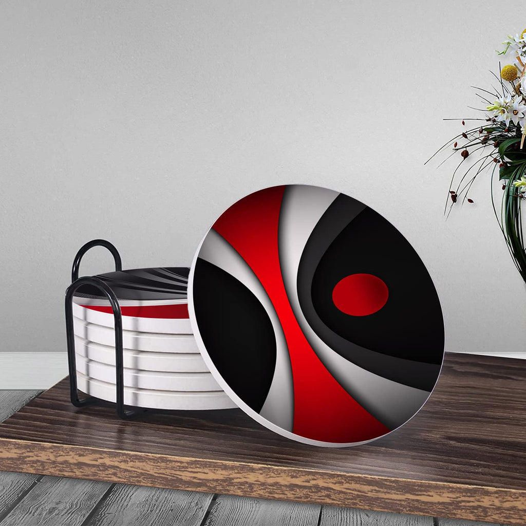 Set of 6 Red Black Geometric Absorbent Ceramic Coasters with Cork Base and Metal Holder Y154
