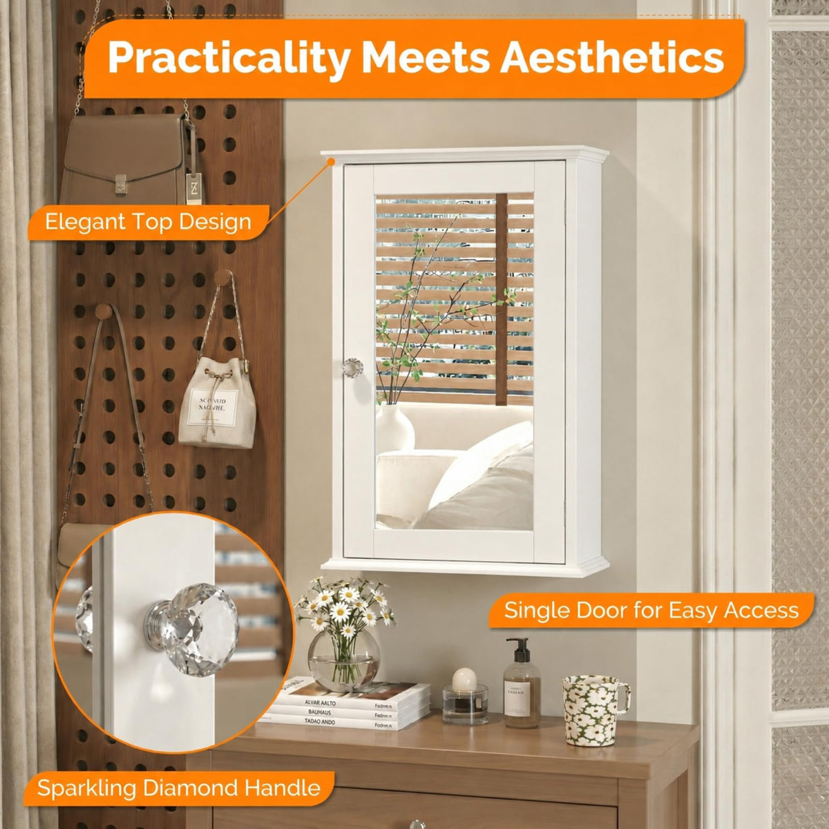 White Mirrored Medicine Cabinet with Single Door and 2 Adjustable Shelves F4578