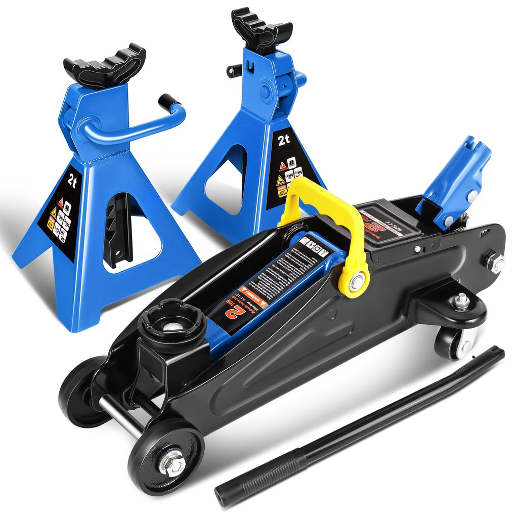 Low Profile Hydraulic Trolley Floor Jack with 2 Ratchet Jack Stands, 2 Ton Capacity, Blue D75166