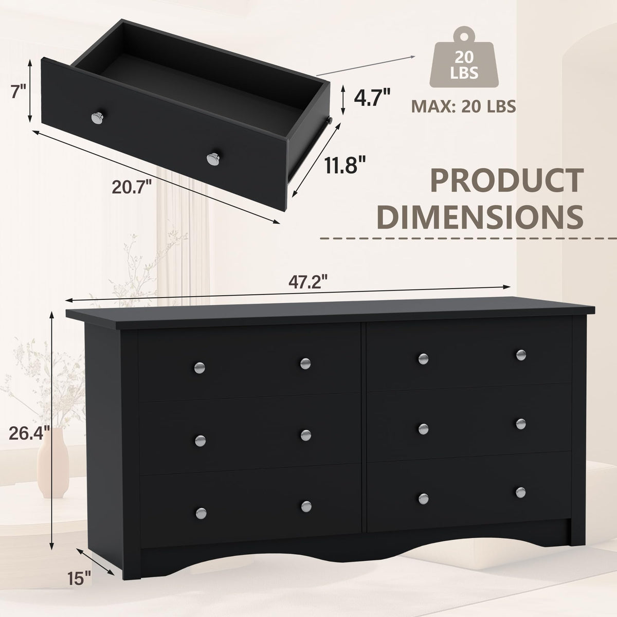 Black 6 Drawer Dresser L413