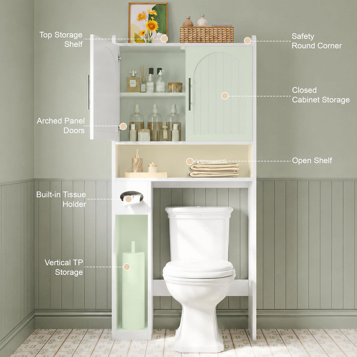 34" Over the Toilet Storage Cabinet with Arched Doors, White O536