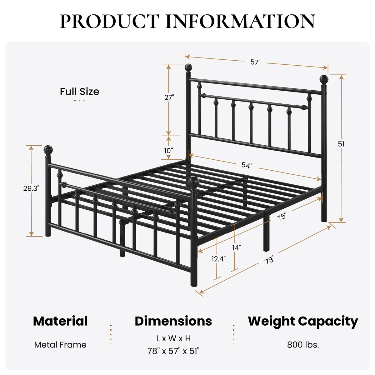 14" Full Size Black Metal Platform Bed Frame with Headboard and Footboard E289