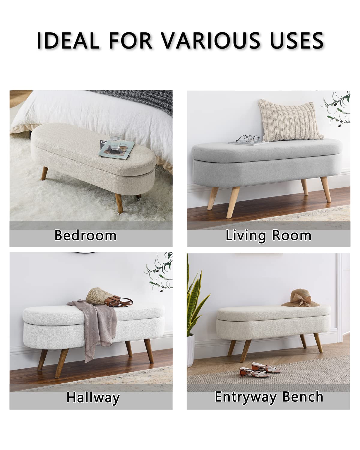 Oval Linen Fabric Upholstered Storage Bench with Solid Wood Legs N690680
