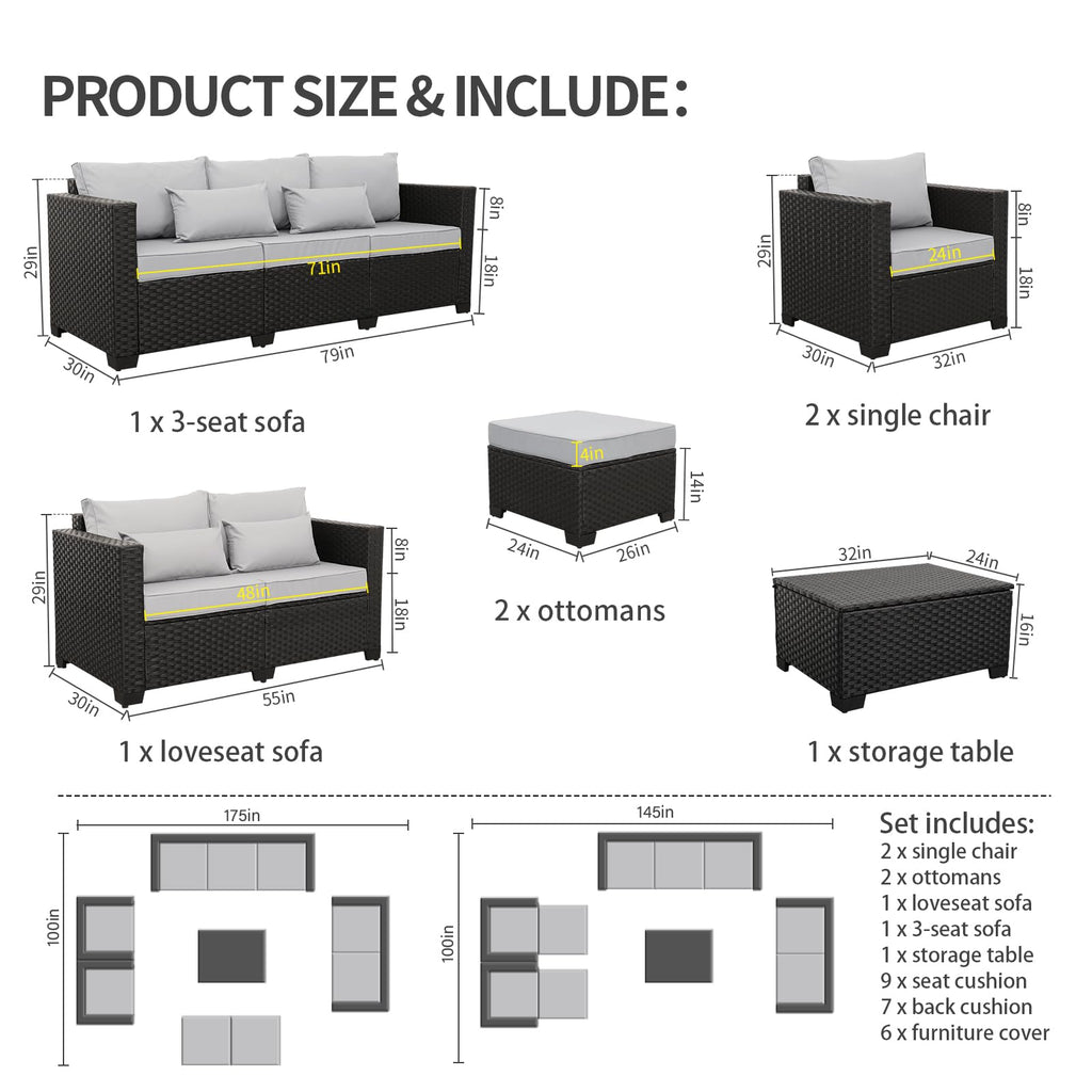 7 Piece Light Grey Cushions Patio Furniture Set with Storage Table G52457