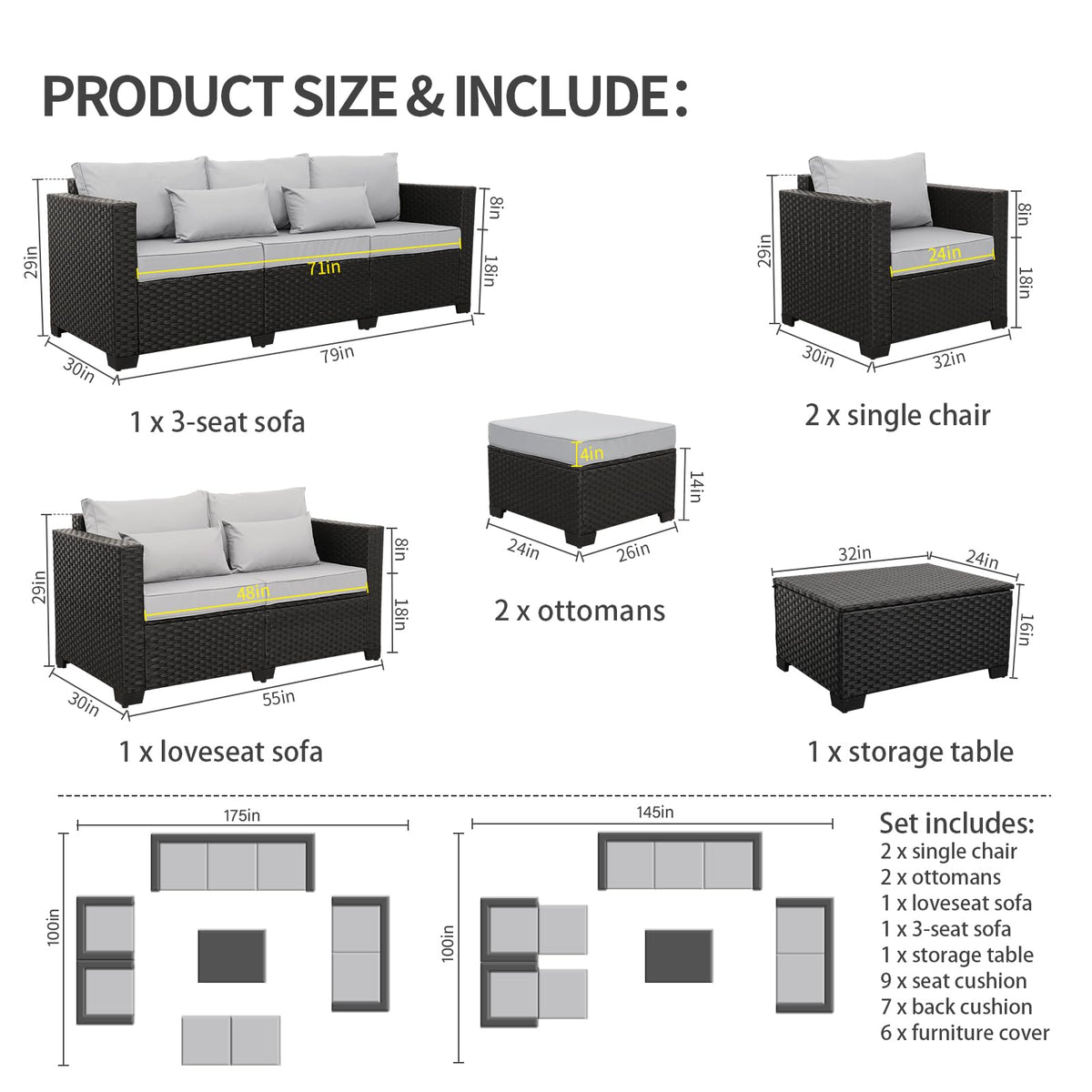 7 Piece Light Grey Cushions Patio Furniture Set with Storage Table G52457